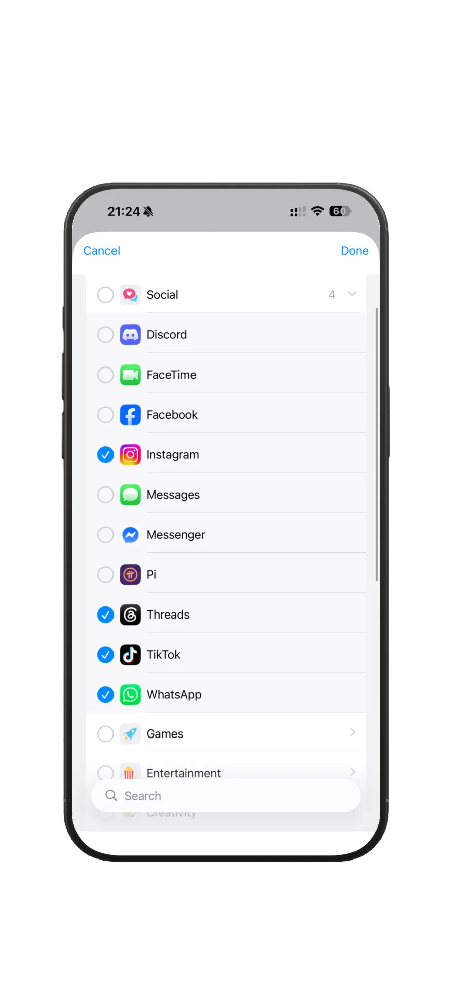 Selecting social and messaging apps to block during Flowtime focus sessions