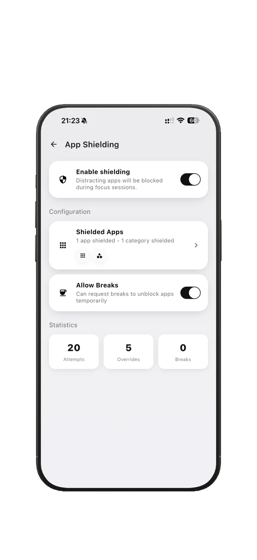 Flowtime App Shielding settings with selected apps, intentional breaks, and blocking statistics